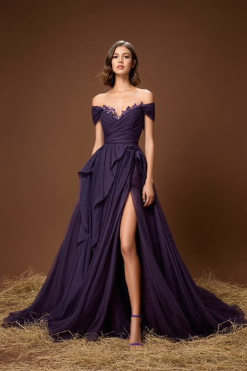 Elegant Lila Off-Shoulder En Linje Lång Balklänning Med Spalt